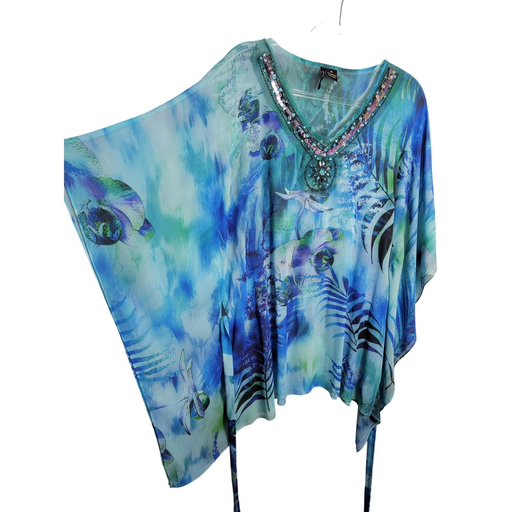 New Directions Woman 1X Kaftan Top Blue Tropical Floral Sequin V-Neck Poncho